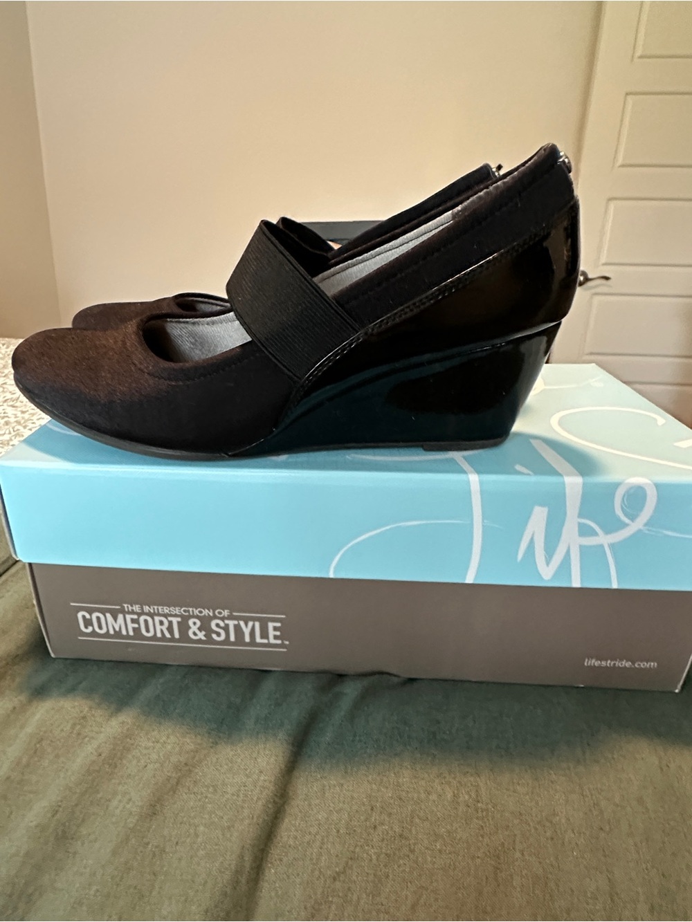 Life Stride Black Stretch Wedge Mary Jane with Patent Heel and Elastic Strap